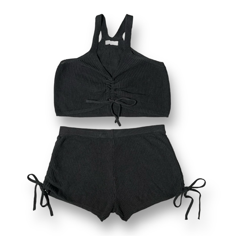JOLIE & JOY 2PC Summer Set Crochet Knit Tie Cinched Crop Top and Shorts Black L - Picture 5 of 7